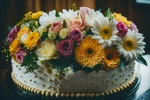 une gâteau avec blanc et Jaune fleurs sur Haut. généré par ai photo