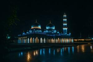 le mosquée à nuit avec bleu lumières. généré par ai photo