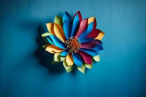 une coloré papier fleur sur une bleu mur. généré par ai photo