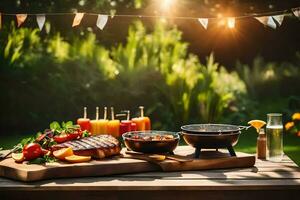 une table avec nourriture et les boissons sur il dans le jardin. généré par ai photo