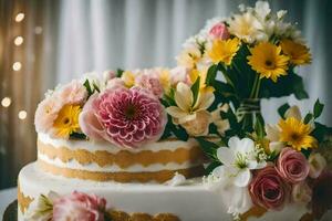 une mariage gâteau avec fleurs sur Haut. généré par ai photo