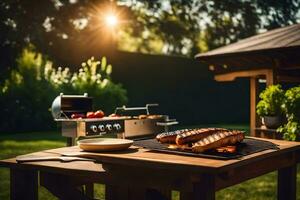 une barbecue gril sur une table dans le cour. généré par ai photo