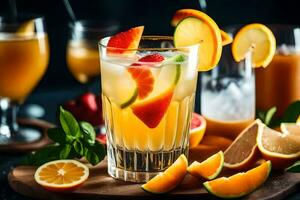 une verre de Orange jus avec fruit et garnitures. généré par ai photo