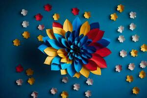 coloré papier fleurs sur une bleu Contexte. généré par ai photo