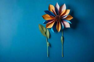 une fleur fabriqué de papier sur une bleu Contexte. généré par ai photo