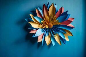 une coloré papier fleur sur une bleu mur. généré par ai photo