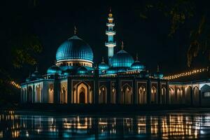 une mosquée allumé en haut à nuit avec bleu lumières. généré par ai photo