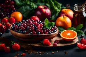 une bol de baies, des oranges, et autre des fruits. généré par ai photo