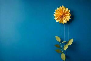 une Jaune fleur sur une bleu mur. généré par ai photo