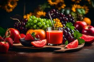 Frais fruit jus avec paille sur en bois plateau. généré par ai photo