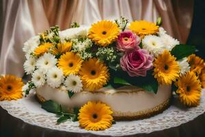 une gâteau avec fleurs sur Haut. généré par ai photo