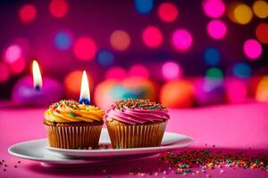 deux petits gâteaux avec bougies sur une assiette avec coloré lumières. généré par ai photo