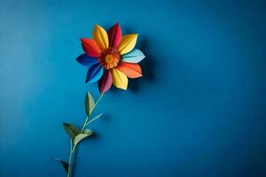 une coloré fleur fabriqué en dehors de papier sur une bleu Contexte. généré par ai photo