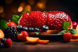 une assiette avec des fraises, myrtilles et autre des fruits. généré par ai photo