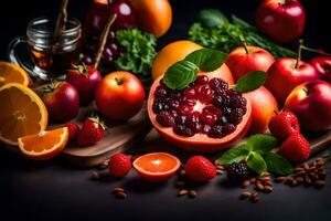 une variété de des fruits et des légumes sont arrangé sur une tableau. généré par ai photo