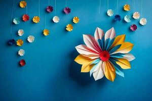 une coloré papier fleur pendaison de une bleu mur. généré par ai photo