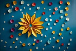 une coloré fleur fabriqué de papier sur une bleu mur. généré par ai photo