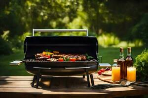 une barbecue gril avec nourriture sur il sur une tableau. généré par ai photo