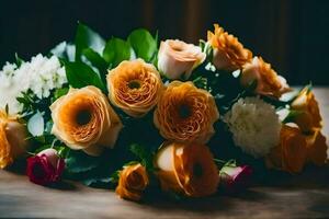 Orange et blanc fleurs sur une en bois tableau. généré par ai photo