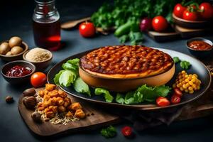 une assiette de nourriture avec des légumes et autre ingrédients. généré par ai photo