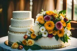 une mariage gâteau avec coloré fleurs sur Haut. généré par ai photo