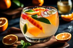 une verre de Orange jus avec Frais fruit. généré par ai photo