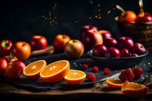 Frais des fruits sur une en bois tableau. généré par ai photo