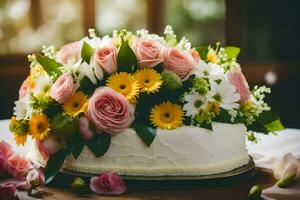 une gâteau avec fleurs sur Haut. généré par ai photo