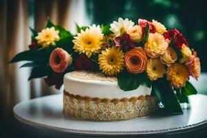 une mariage gâteau avec coloré fleurs sur Haut. généré par ai photo