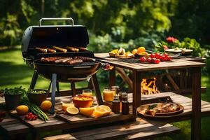 une barbecue gril avec nourriture sur il dans le jardin. généré par ai photo