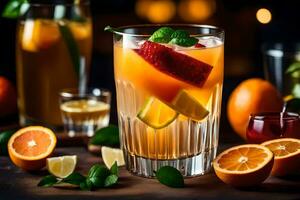 Orange jus avec citron et menthe sur une en bois tableau. généré par ai photo