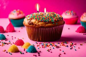 une petit gâteau avec une allumé bougie sur une rose Contexte. généré par ai photo