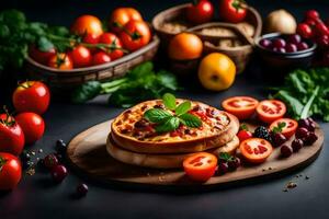 Pizza avec tomates, basilic et autre des légumes sur une en bois planche. généré par ai photo