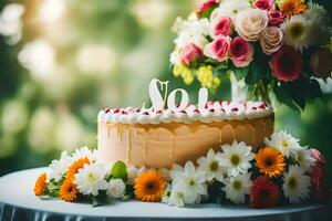 une gâteau avec le nombre 12 sur il est séance sur une tableau. généré par ai photo