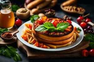 italien Pizza avec tomate sauce et fromage sur une plaque. généré par ai photo