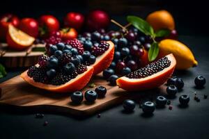 Frais des fruits sur une en bois Coupe planche. généré par ai photo