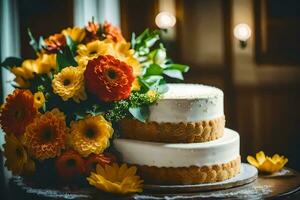 une mariage gâteau avec Jaune et Orange fleurs. généré par ai photo