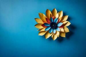 une Jaune et bleu fleur sur une bleu mur. généré par ai photo