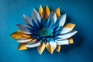 une bleu et Jaune papier fleur sur une bleu mur. généré par ai photo