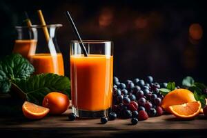 Orange jus dans une verre avec baies et des oranges. généré par ai photo