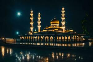 le nuit ciel est allumé en haut par le lune et le mosquée est allumé en haut. généré par ai photo