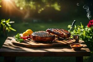 grillage deux steaks sur une en bois table dans le jardin. généré par ai photo