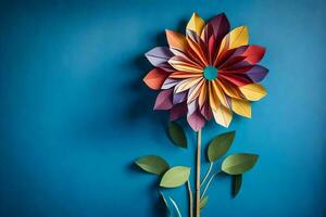 une coloré fleur fabriqué en dehors de papier sur une bleu mur. généré par ai photo