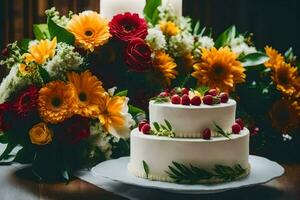 une mariage gâteau avec fleurs sur une tableau. généré par ai photo