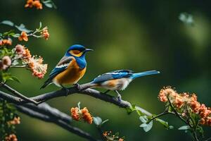 deux des oiseaux séance sur une branche avec fleurs. généré par ai photo