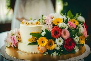 une mariage gâteau avec coloré fleurs sur Haut. généré par ai photo