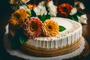 une gâteau avec fleurs sur Haut et une blanc Glaçage. généré par ai photo