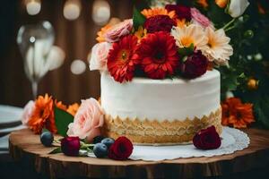 une blanc gâteau avec coloré fleurs sur Haut. généré par ai photo
