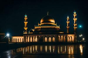 le mosquée à nuit avec le lune dans le ciel. généré par ai photo