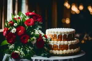 une mariage gâteau avec rouge fleurs sur Haut. généré par ai photo